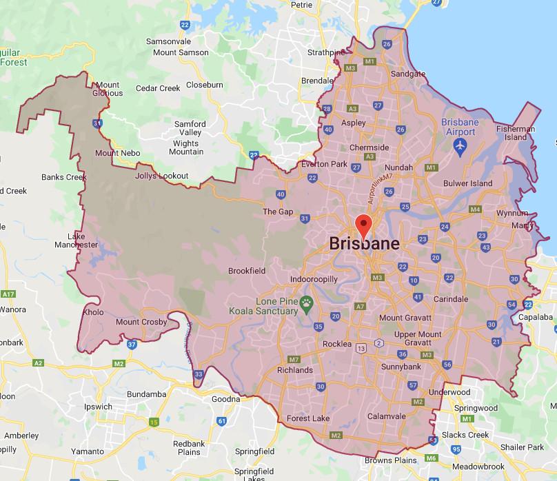 A map of the Brisbane area, showing locations where we do roof & gutter repairs, replacements & restorations.