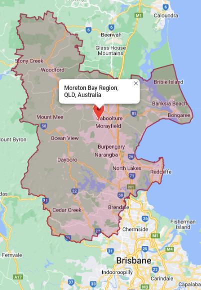 A map of the Moreton Bay Region, showing locations where we do roof & gutter repairs, replacements & restorations.